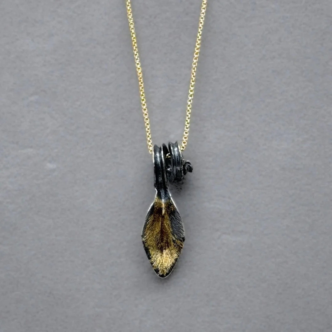 Autumn Leaf pendant with keum-boo gold hanging from a gold-filled chain