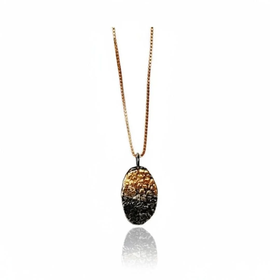 Oxidized sterling silver oval pendant on a gold-filled chain, photographed against a soft white background. The pendant is oval shape.