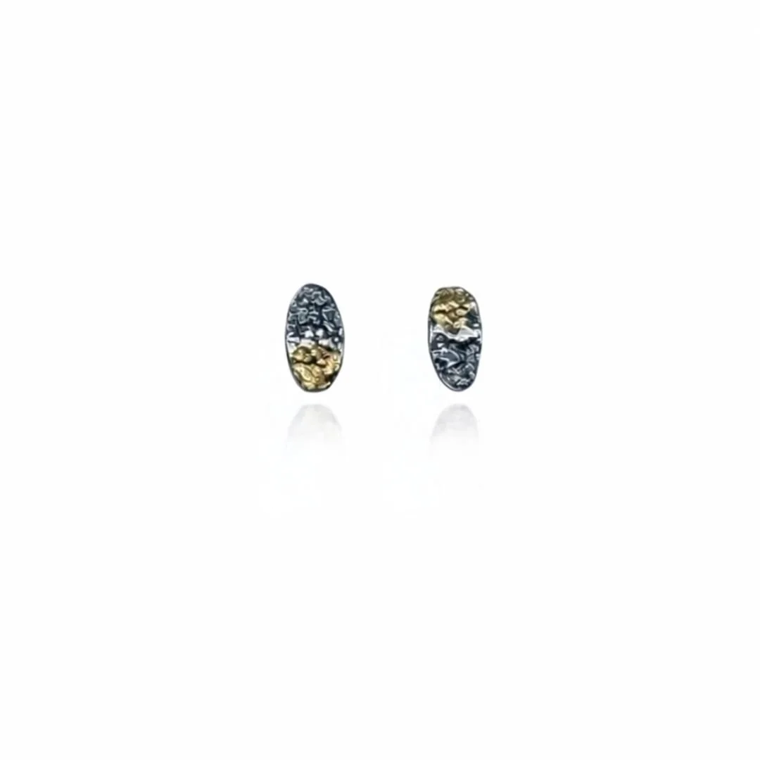 Petite Oval silver and gold stud earrings with textured oxidized sterling silver and keum-boo gold