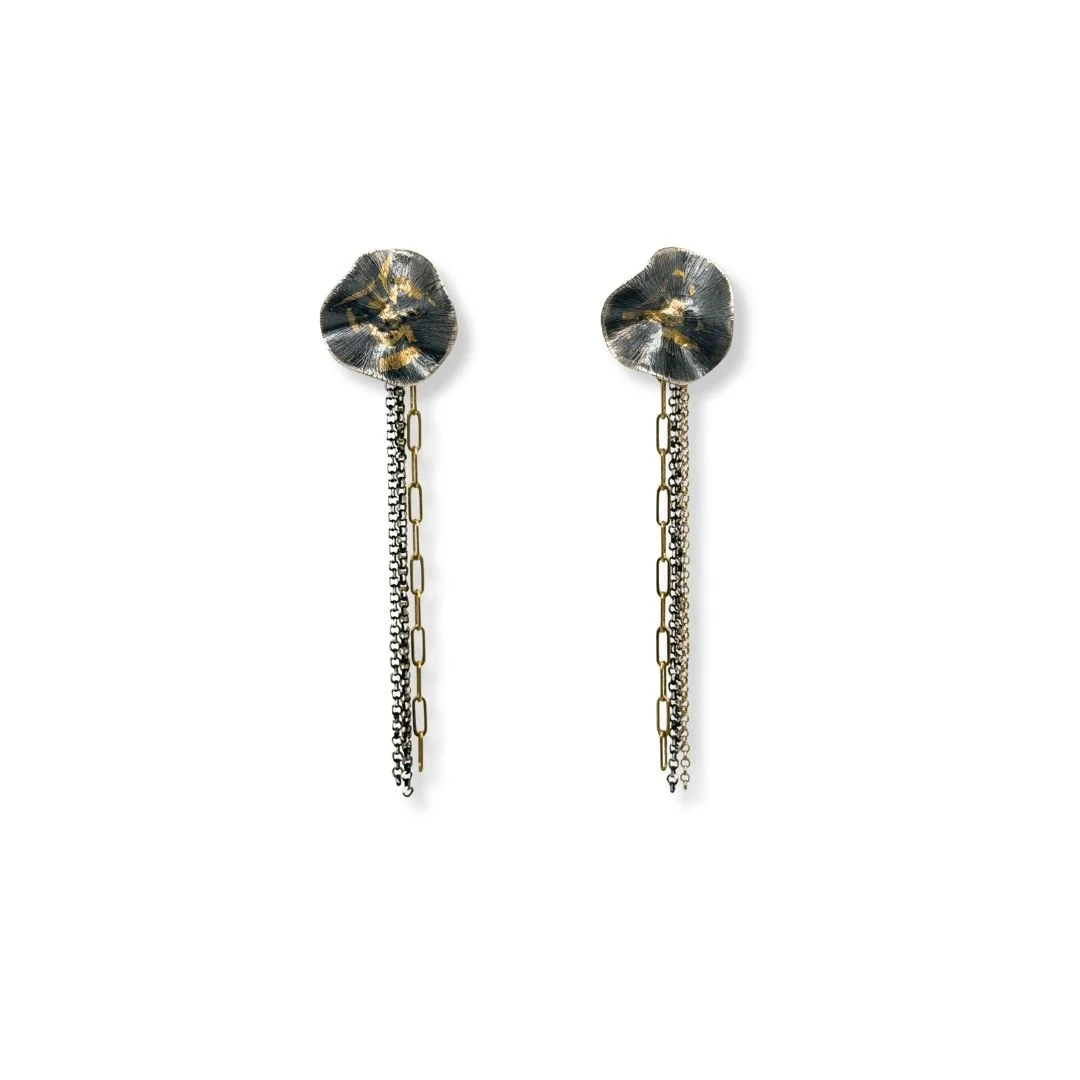 Flower Earrings — Oxidized Sterling Silver & 24k Gold