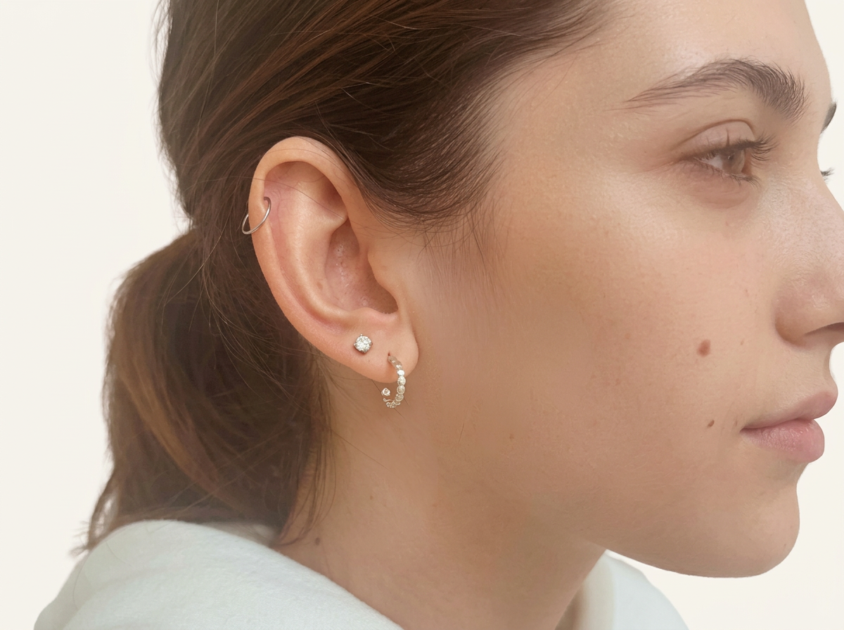 Small sterling Silver dot hoop worn