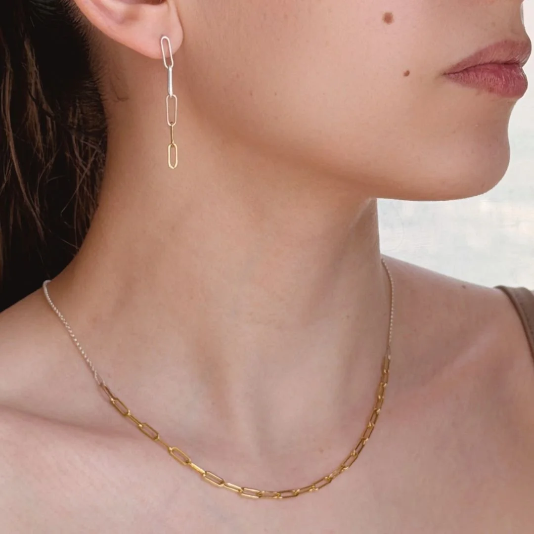 Double Metal Chain Necklace and Earrings Worn (1).jpg