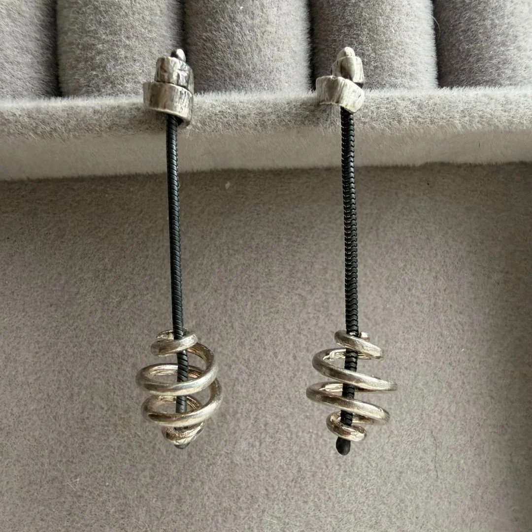 Double Spiral Post Earrings - Sterling Silver & Oxidized sterling Silver -4.jpg
