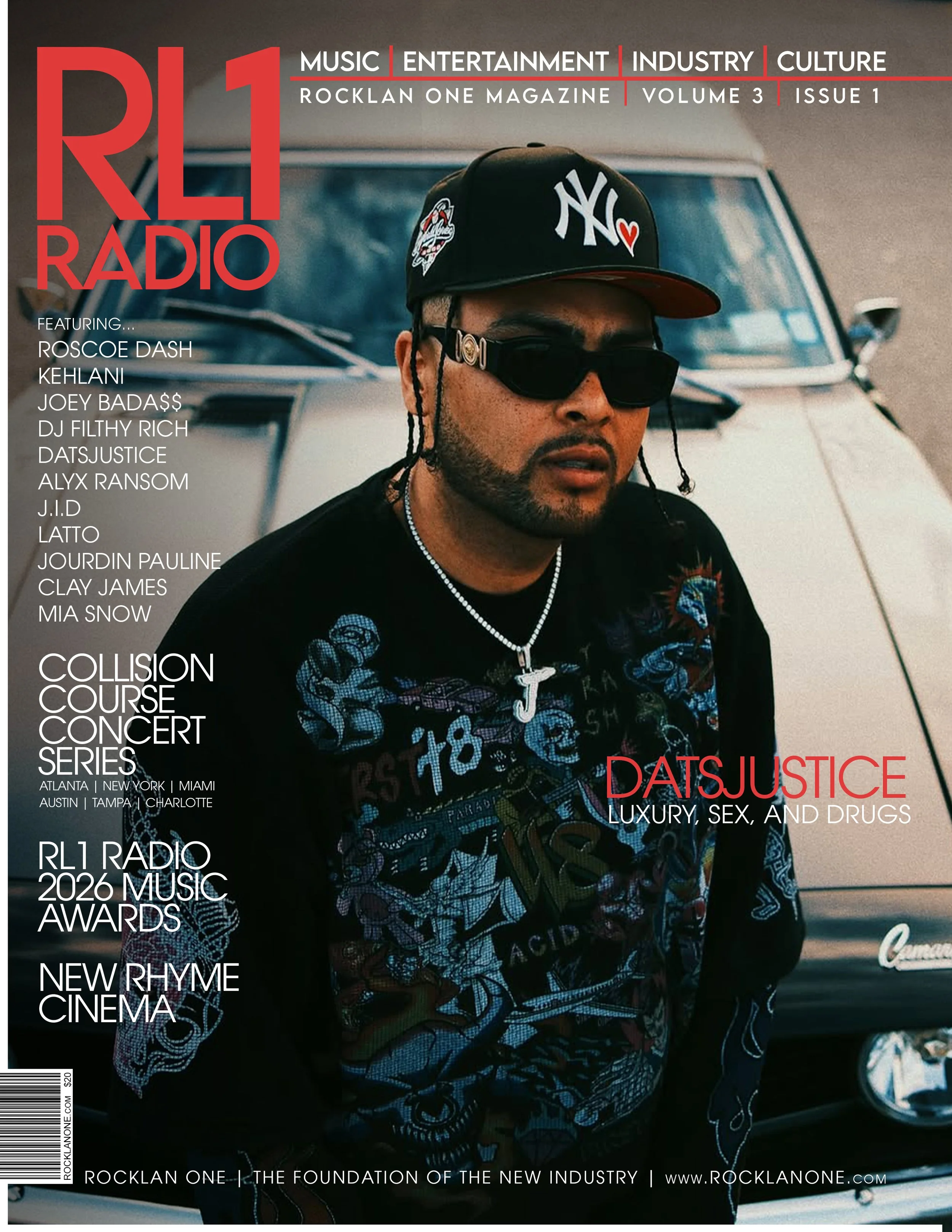 Magazine cover featuring DatsJustice with text highlighting music, entertainment, industry, and culture topics. The cover features a man wearing sunglasses, a New York Yankees cap, a black graphic shirt, and a necklace with a cross. He is standing in front of a vintage car, with text about music events, awards, and artists.