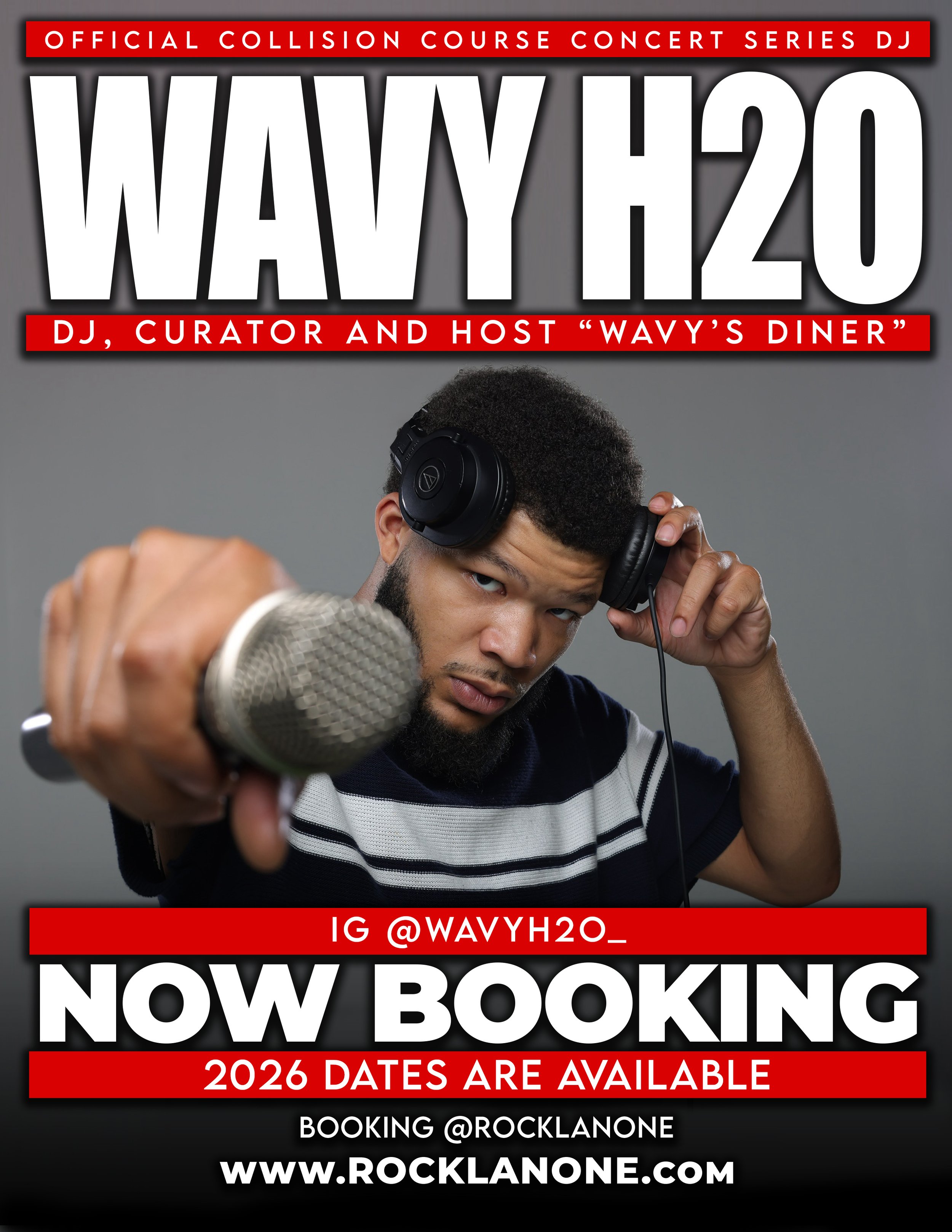 Young man wearing sunglasses and a black sweatshirt with red letters, smiling and holding a DJ controller on his shoulder against a plain gray background, with the text 'WAY H2O' and Instagram handle '@WAVYH20_' prominently displayed.