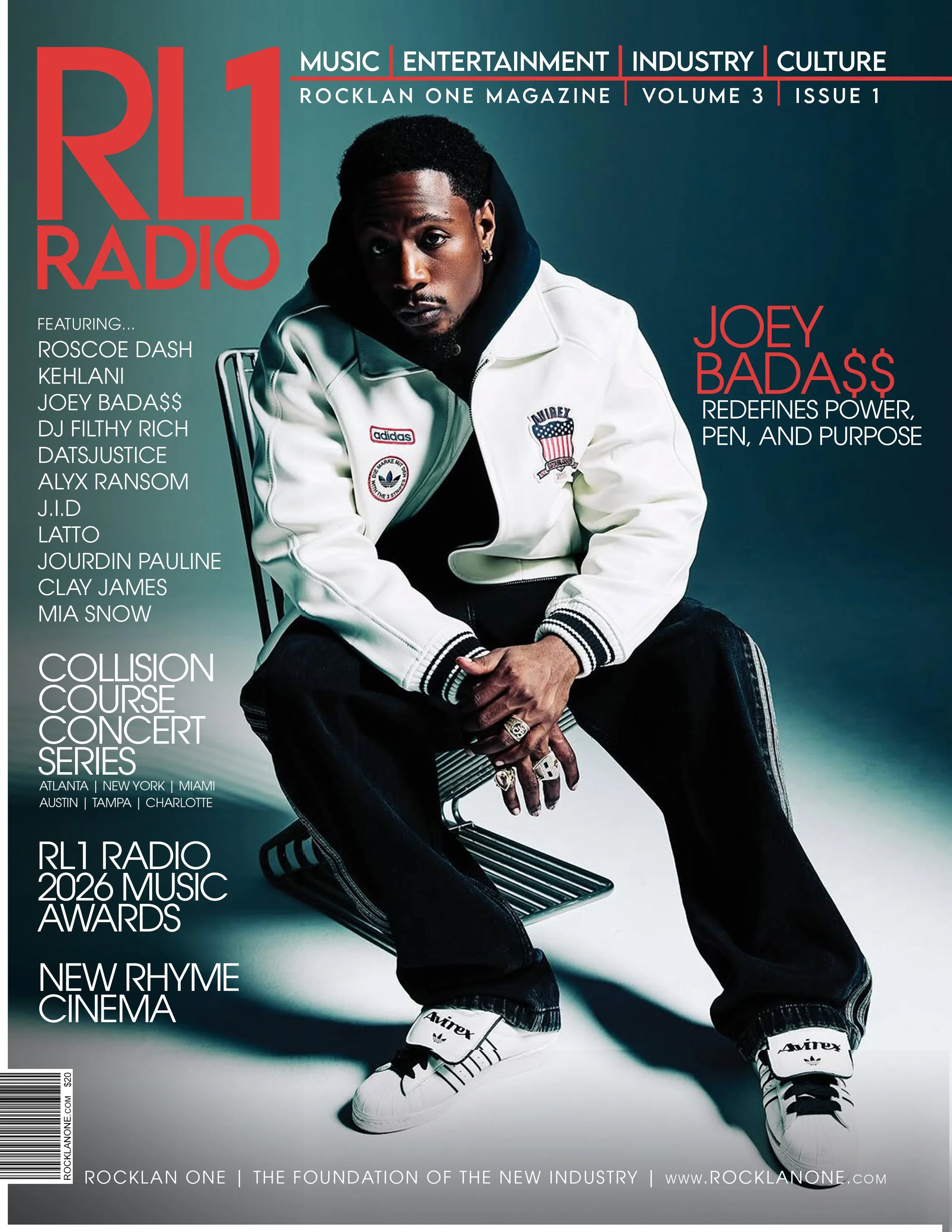 Cover of Rockland One Magazine featuring rapper Joey Badass seated on a chair, wearing a white jacket with patches, black pants, and Adidas sneakers, with headlines about music, entertainment, industry, and culture.
