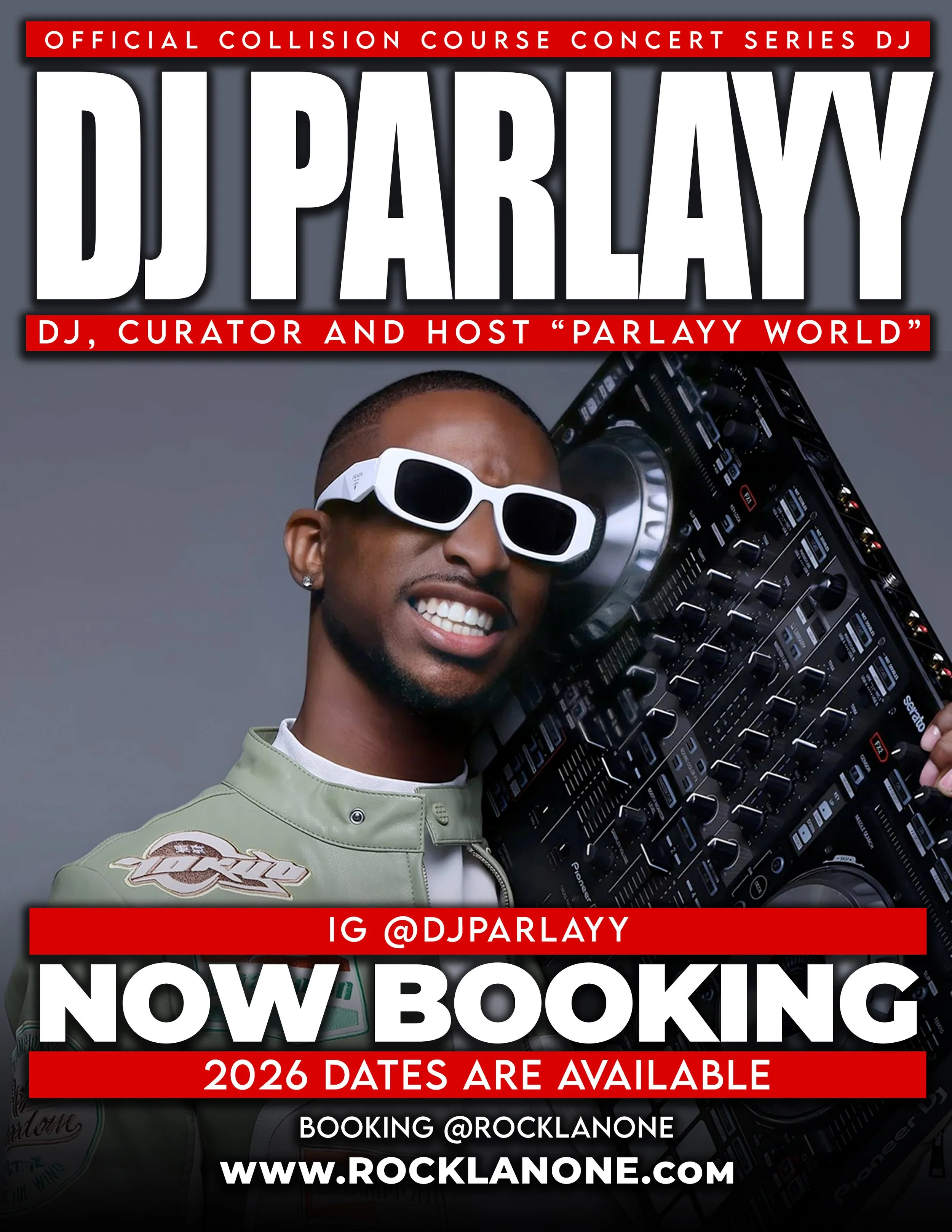 A young man wearing sunglasses and a green jacket with patches, holding a DJ controller, with the word 'Party' in stylized text on the lower right.