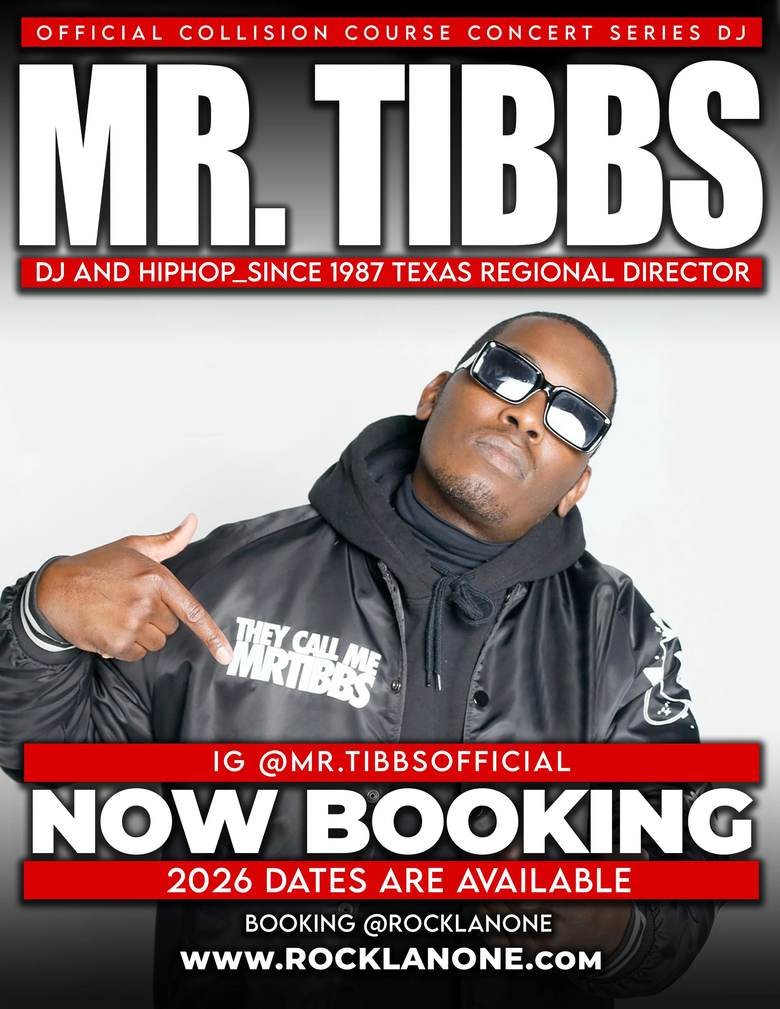A man wearing black sunglasses, a black hoodie, and a black shiny jacket with the phrase "THEY CALL ME MR. TIBBS" written on it, points to the text on his jacket.