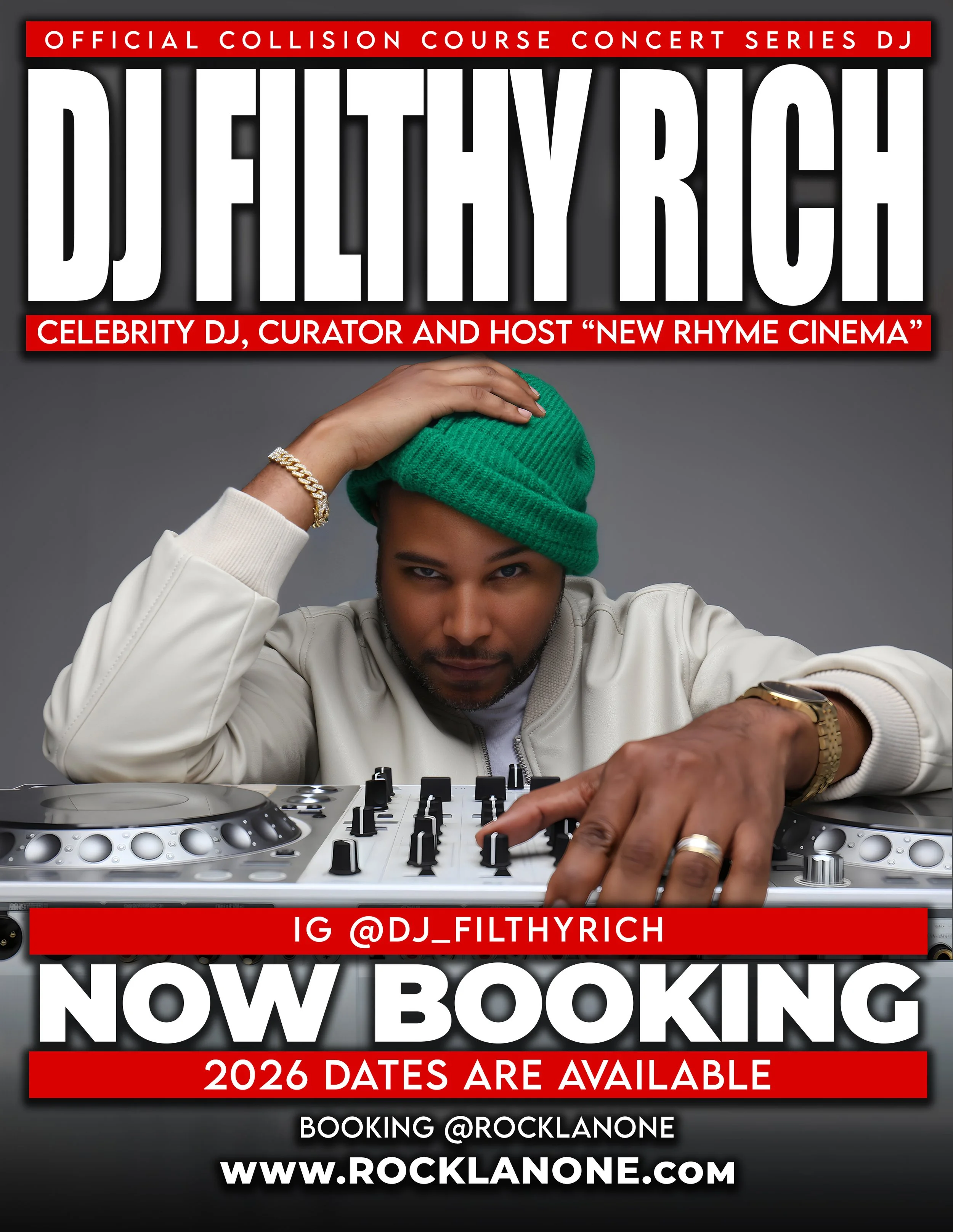 A male DJ wearing a green beanie, white jacket, and gold jewelry, operating a DJ mixer, with a logo that says 'DJ FILTHY RICH' in the background.