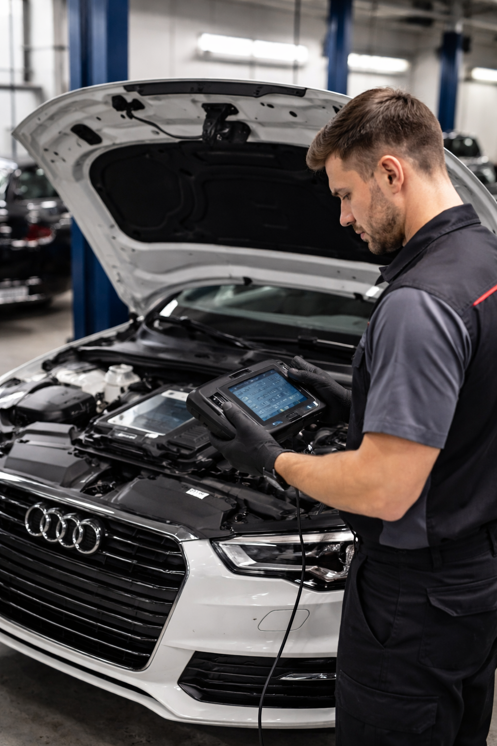 A mechanic inspecting a white Audi car with the hood open in an auto repair shop using diagnostic equipment.