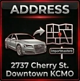 Advertisement for Importmasters featuring a silver car, a map with a red location pin, and the address 2737 Cherry St., Downtown KCMO.