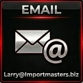 Email icon with address Larry at Importmasters.biz on a black background