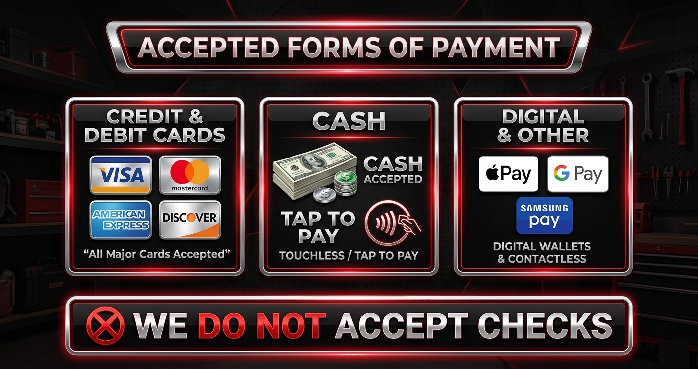 Sign displaying accepted payment methods including major credit and debit cards, cash, digital wallets like Apple Pay, Google Pay, Samsung Pay, and a notice indicating checks are not accepted.