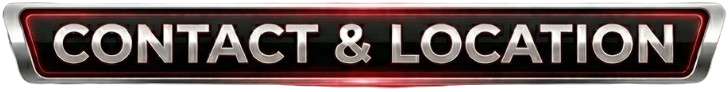 A sign with the words 'Contact & Location' in bold white letters on a black and red background.