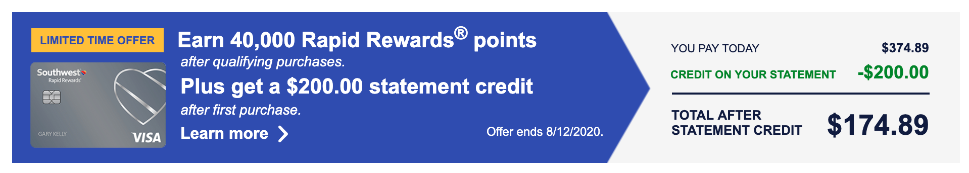   Southwest’s instant credit offer, grabbed on 8/3 – $200 credit and 40,000 Rapid Rewards points.  