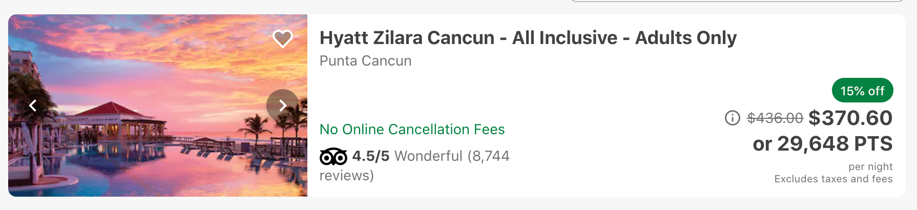   In the Chase Ultimate Rewards portal, the Zilara costs 29,648 points/night.  