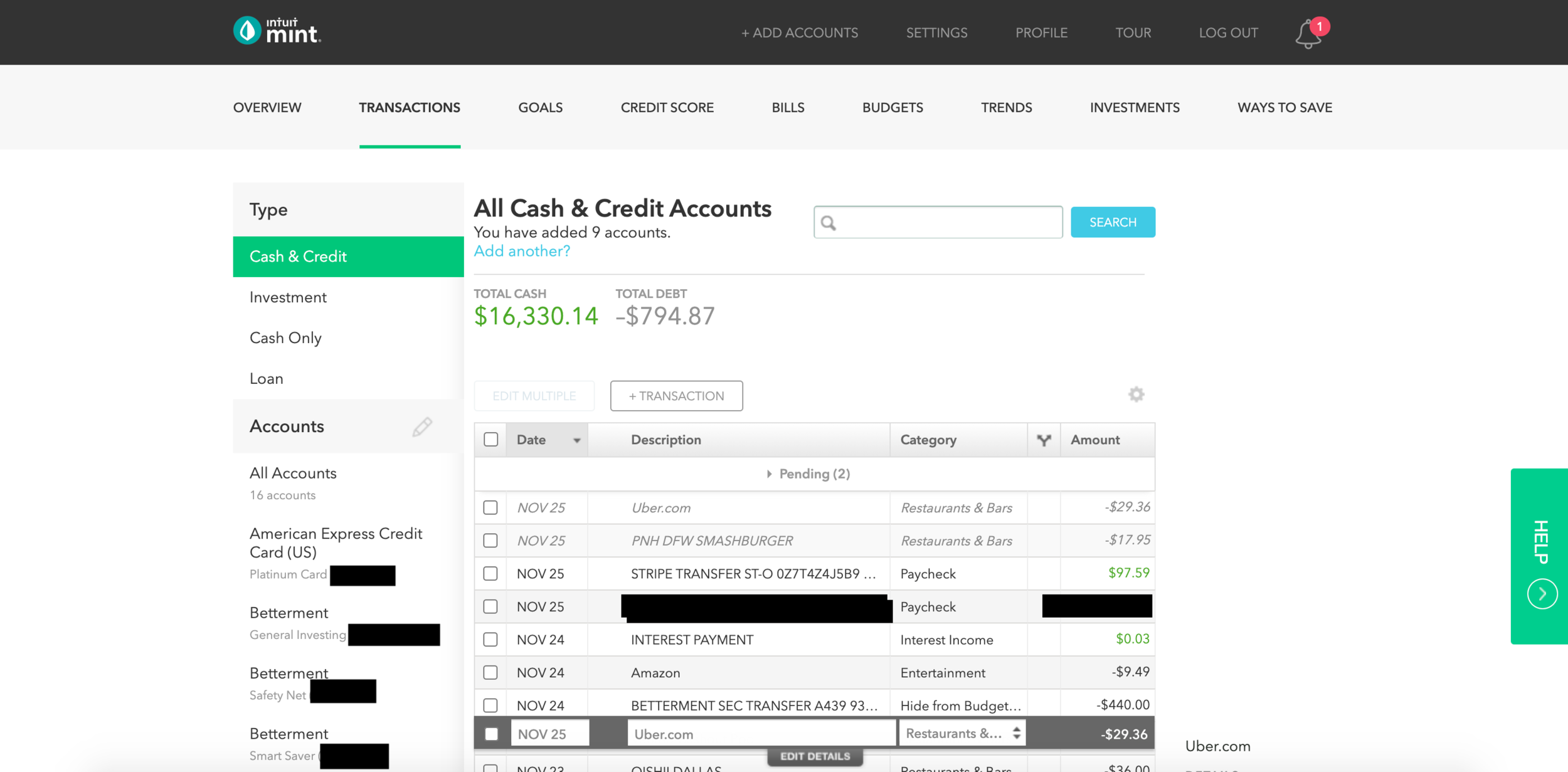  I go through this Transactions page and recategorize the pending transactions. Since I do it every morning, there are only ever a few new ones that need to be labeled appropriately.   