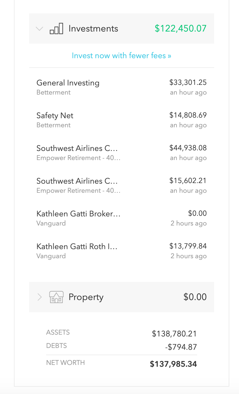   This view of your overall investments and net worth calculation is very helpful for understanding where you are, at a glance.  