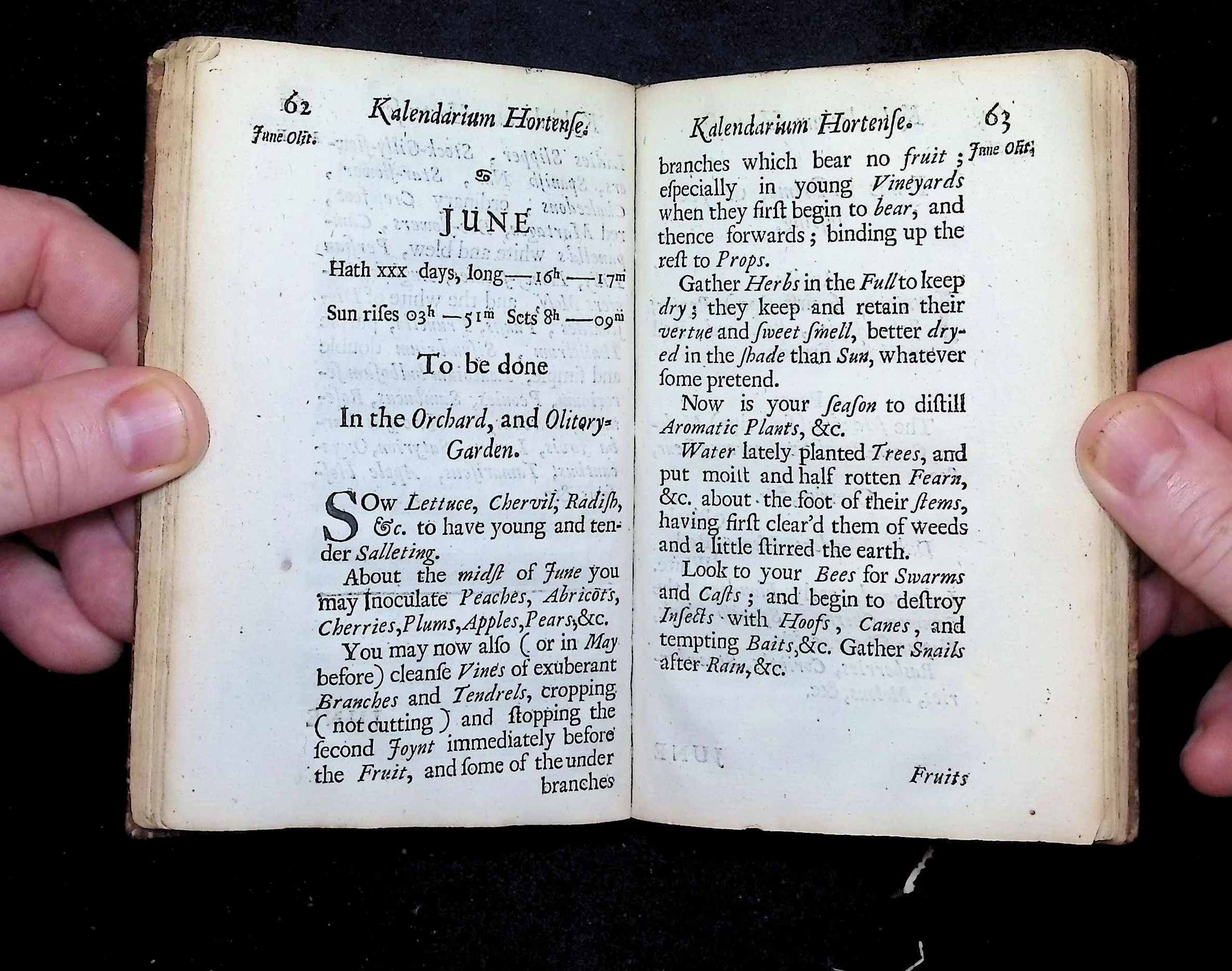 John Evelyn, Kalendarium Hortense (1683) For the month of June, Evelyn directs his reader on how to best harvest, dry, and distill herbs. He also encourages them to begin pest management now, offering a variety of methods to “destroy insects.” Hel