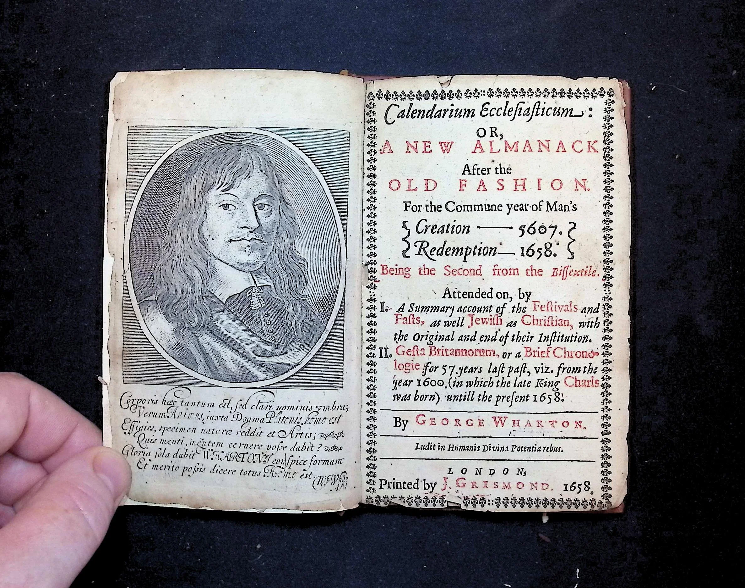 George Wharton, Calendarium Ecclesiasticum (1658) This text is an example of a 17th almanac, containing conventional information on meteorological phenomena, tidal activity, market dates, English history, and law terms. Held in the Kinney Center’