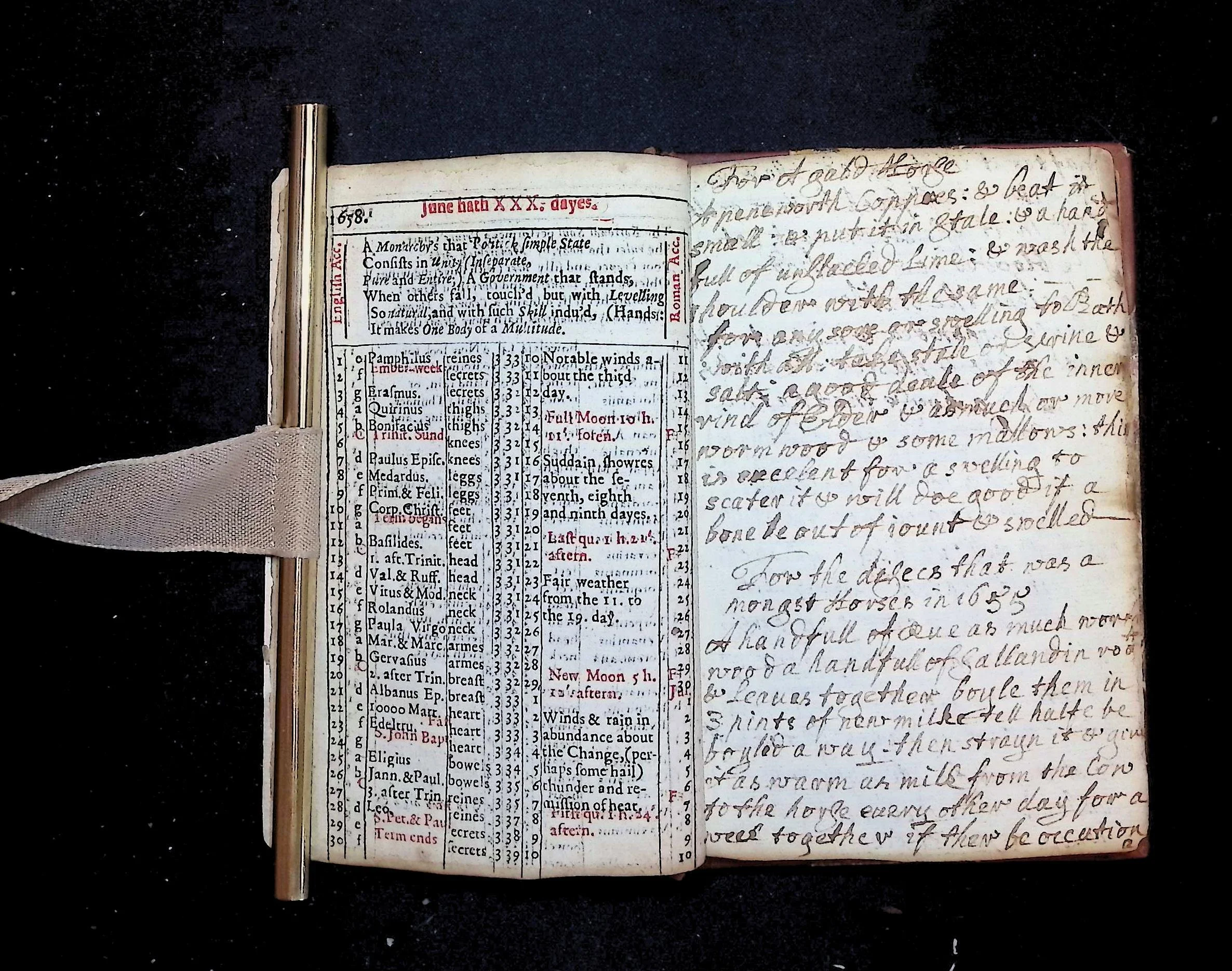 George Wharton, Calendarium Ecclesiasticum (1658) Almanac owners often filled blank pages with writing, typically that associated with the activities of daily life. On this page we see an account of “Disease that was Amongst Horses in 1655.” Held