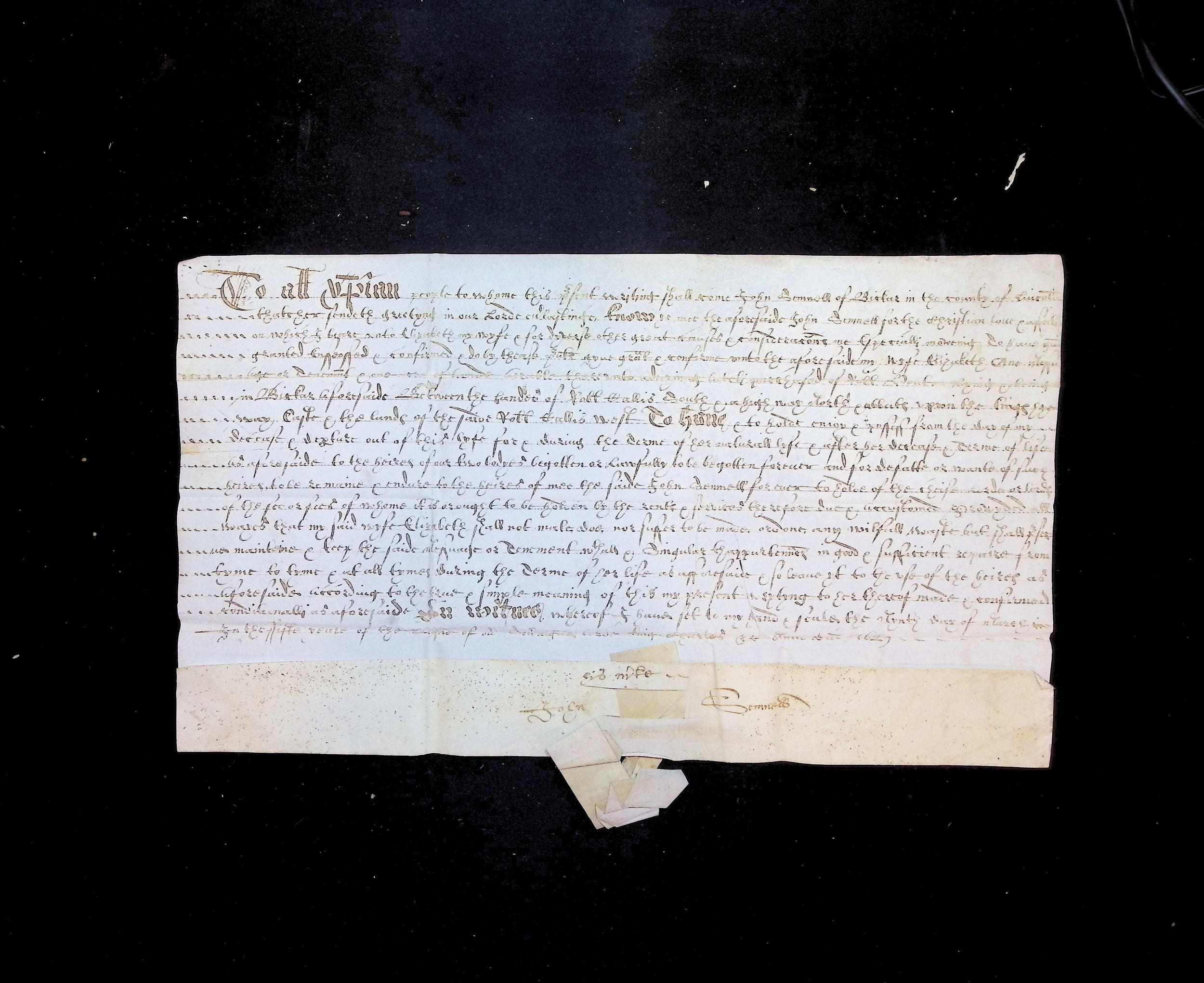 Land Grant (1629) Vellum was used for legal documents, as seen here, in addition to book binding as in the previous image. Note the creases from the original fold of the document visible here. Held in the Kinney Center’s rare book collection.