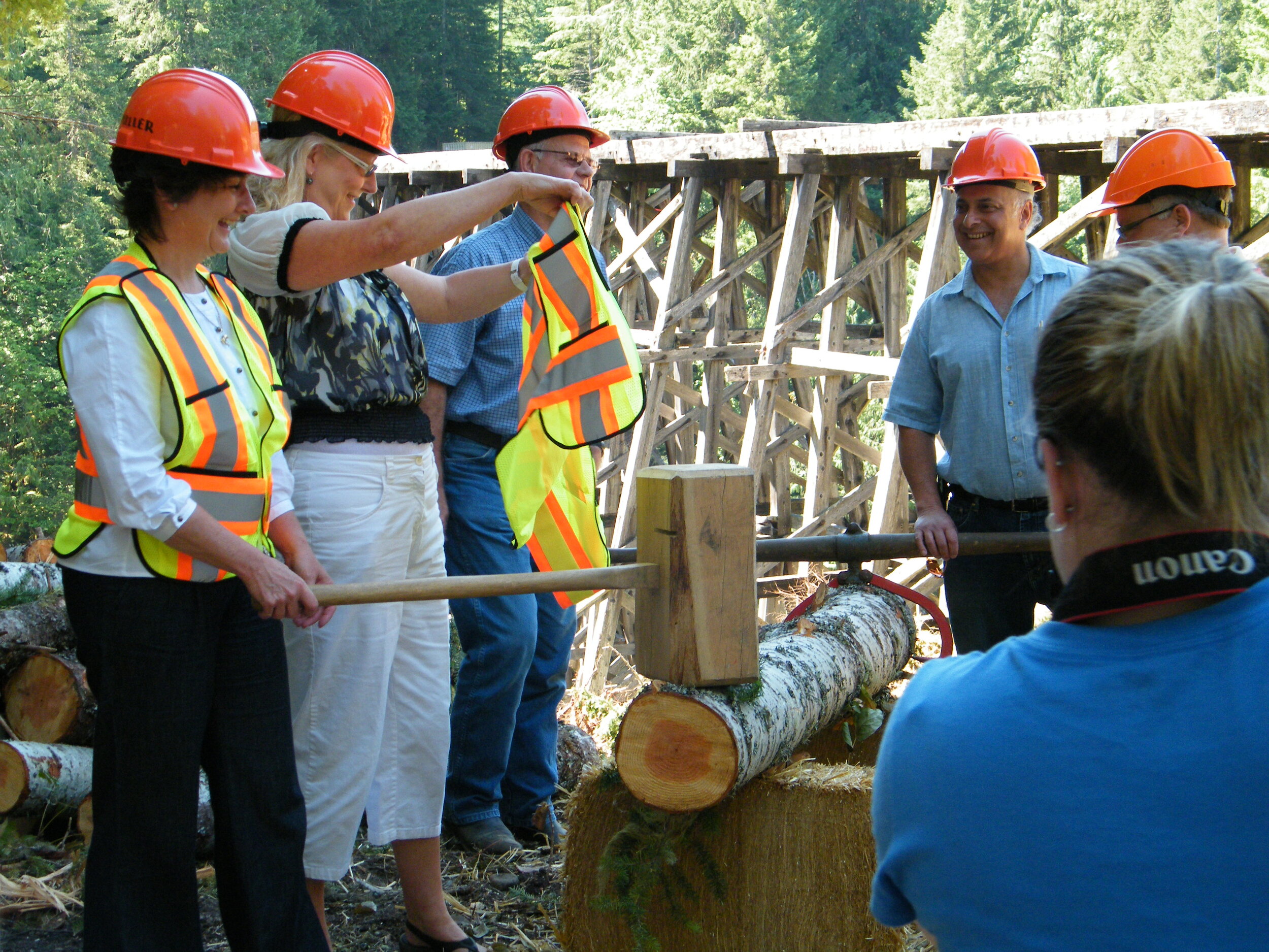 CVRD directors and other VIPS ham it up for the camera during a public event preceding opening of the Kinsol Trestle to the public.