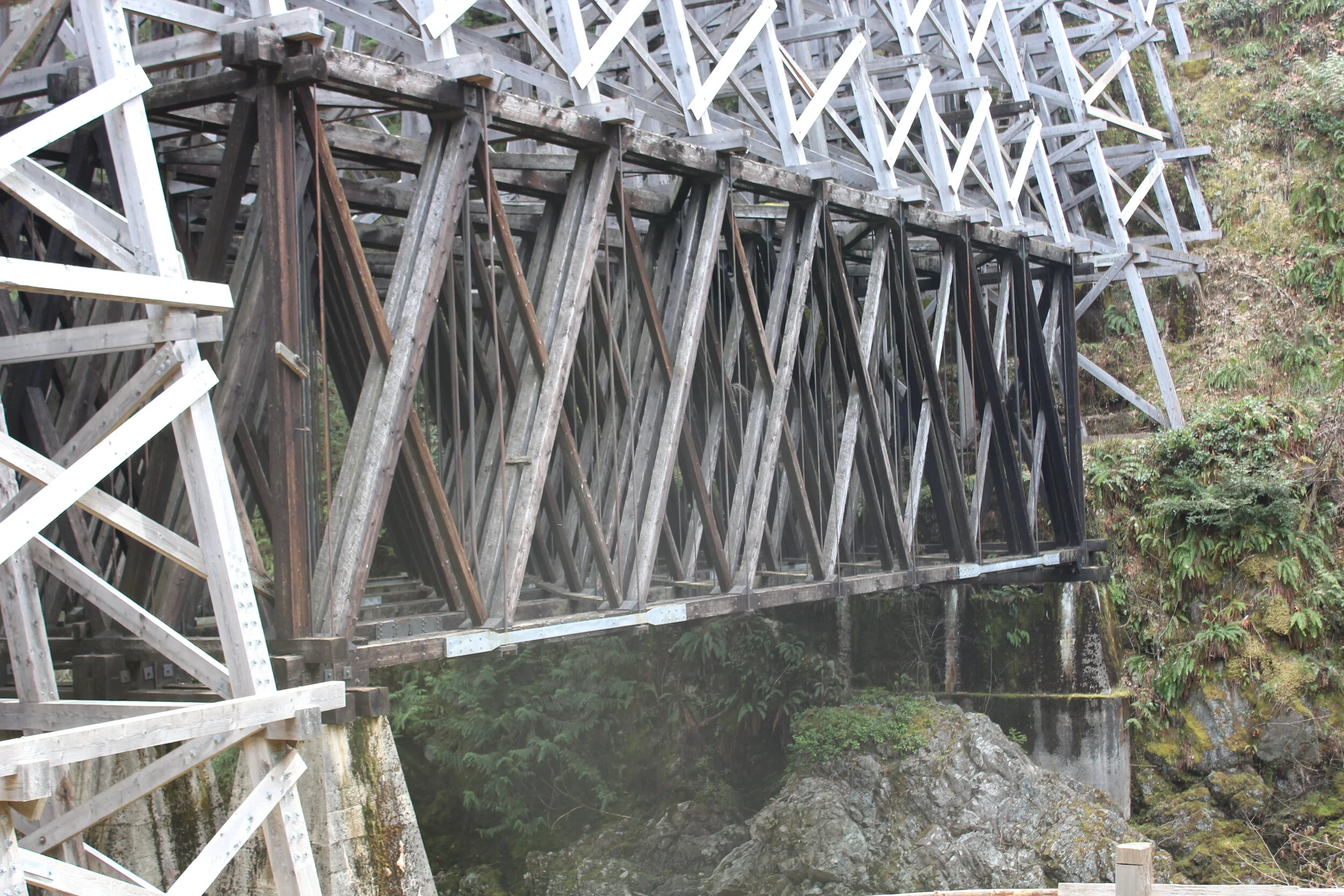The Kinsol's famous Howe Truss bridge-within-a-bridge.Despite its having to withstand 30 years of neglect its excellent condition was the deciding factor in whether or not the Kinsol could be saved.