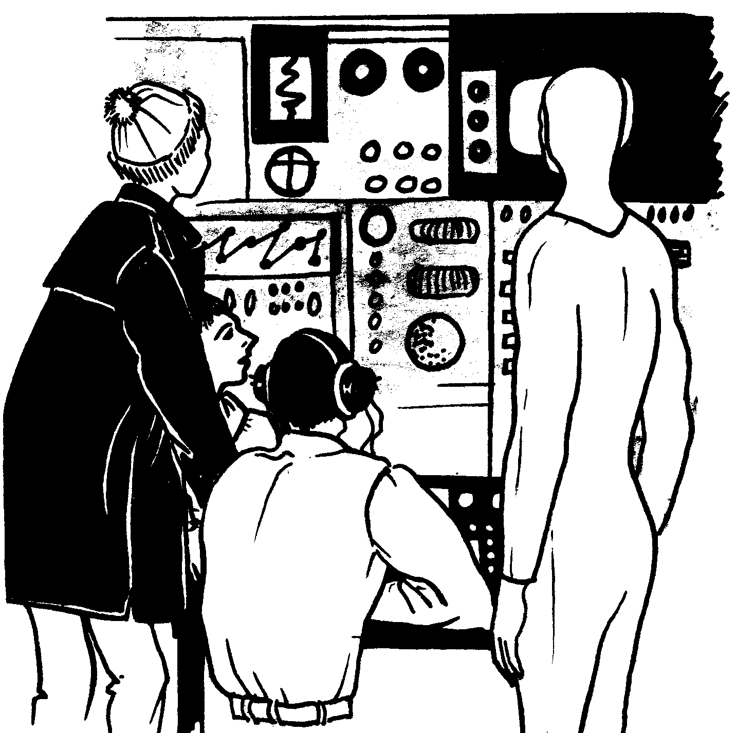 Oil rig workers watch, enthralled, by strange creatures picked up on their video camera. --Drawing by Beverlee (Bejay) Clark.