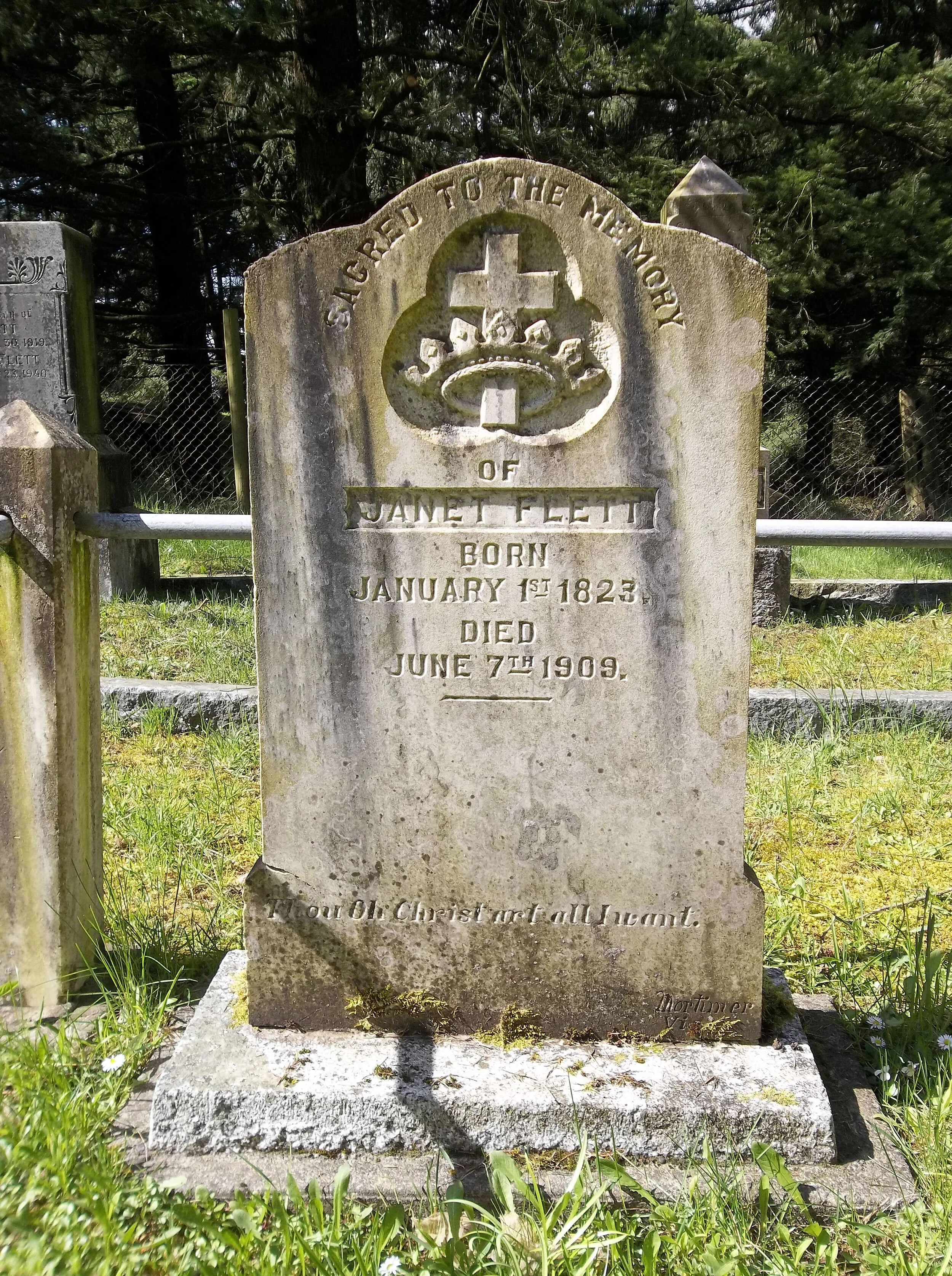 The Cross and Crown logo on Janett Flett’s head stone can be seen frequently in other Cowichan Valley cemeteries.