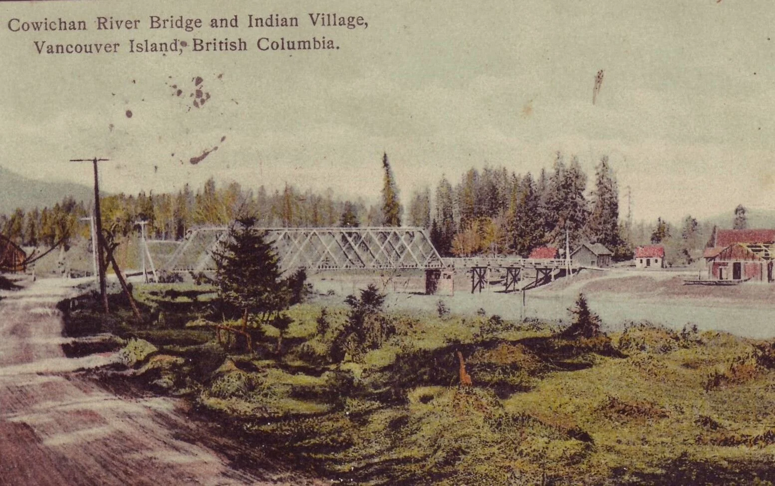 A 1920s postcard view of Duncan's 'white bridge' and the Allenby Road Reserve where Chief Tzouhalem reputedly was born.