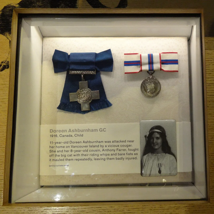A close-up showing a picture of Doreen and both the Albert Medal and George Cross. —Photo courtesy Alison Irwin