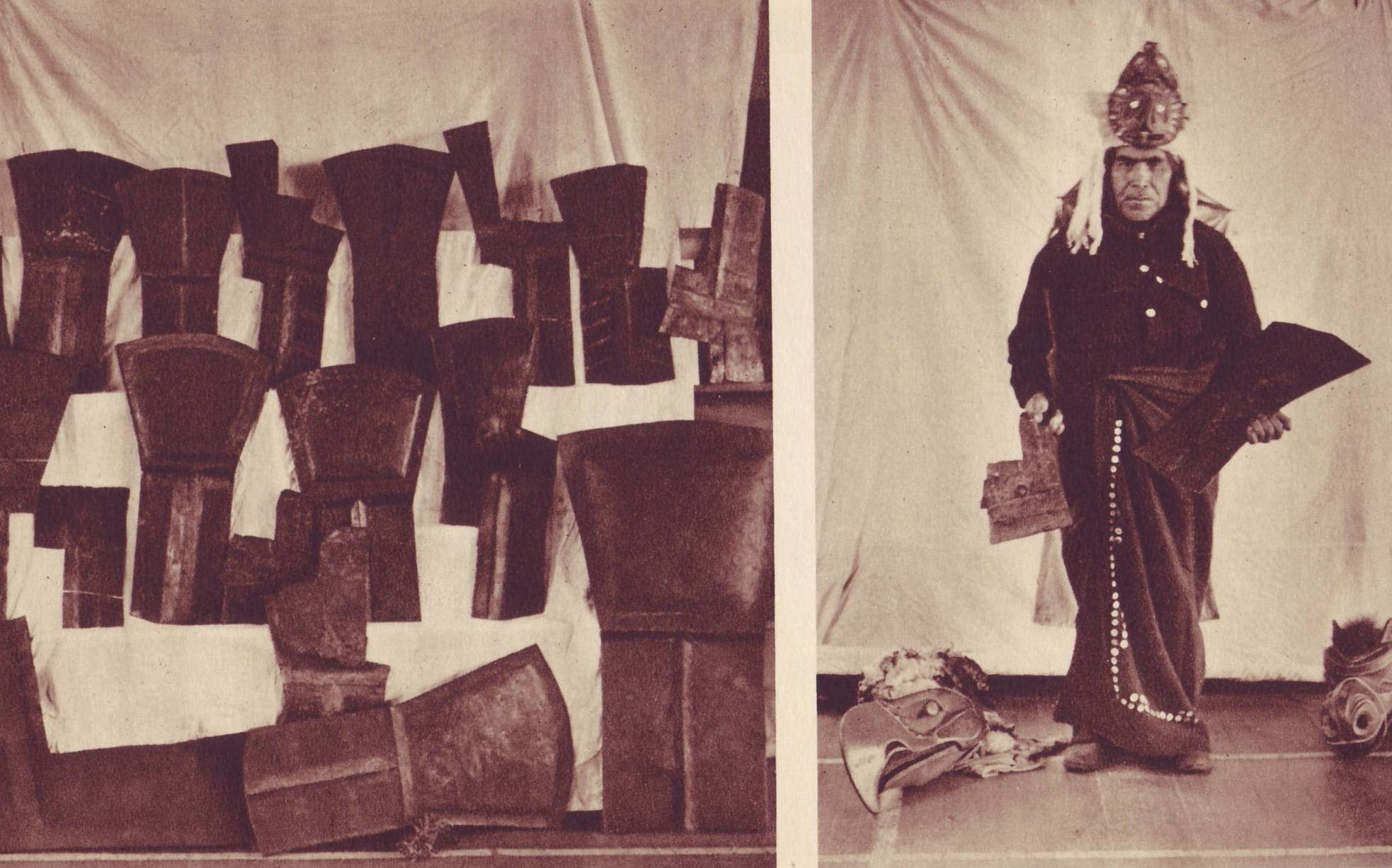 A collection of coppers and the paid orator at a potlatch posing with coppers. —W.M. Halliday photos.