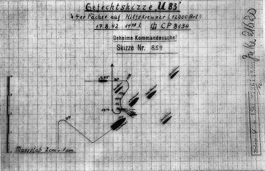 This is the U-83’s ‘combat sketch’ of its attack on the convoy. Only the Margeurite, which Kraus thought was an auxiliary cruiser, is unmarked. Of four torpedoes fired, two found their mark. —Courtesy Paul Campbell