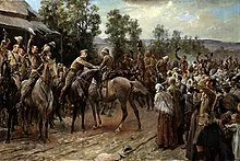 Relief of Ladysmith. Sir George White greets Major Hubert Gough on 28 February 1900. Painting by John Henry Frederick Bacon. —Wikipedia
