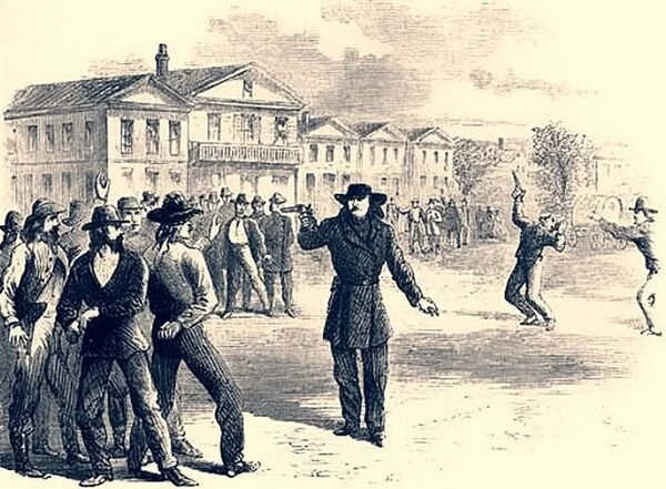 This is what we’ve come to recognize through movies and TV: Wild Bill Hickock, after fatally wounding Dave Tutt in the chest in a street shoot-out, warns off Tutt’s friends. But in ‘downtown’ Victoria? —Illustration from Harper’s New Monthly Magazine, February 1867.