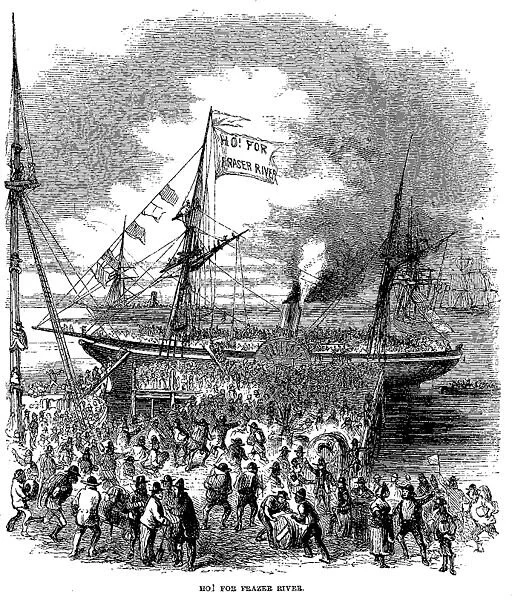 “Ho! For Frazer River” [sic]. Illustration by J. Ross Browne from "A Peep at Washoe" in Harper's Monthly Magazine, December 1860. The unknown artist has captured the feeding frenzy of the 1000s of gold seekers who sailed from San Francisco during th…