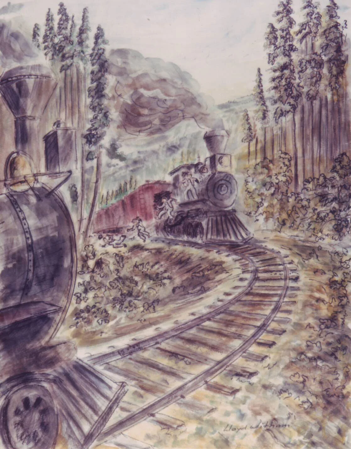 The original water colour by artist Lloyd Witham as he perceived the last moments before the Nos. 1 and 10 met head-on north of Ladysmith.