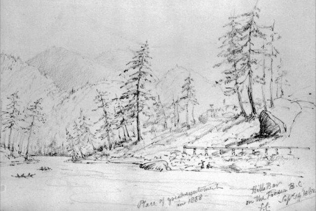 When Sarah Crease made this sketch of Hill’s Bar in 1862, the excitement was over. The miners had moved on to new strikes, and the ‘ubiquitous’ Ned McGowan had returned to the United States where, it was once reported, he’d been killed by Apaches. —Wikipedia