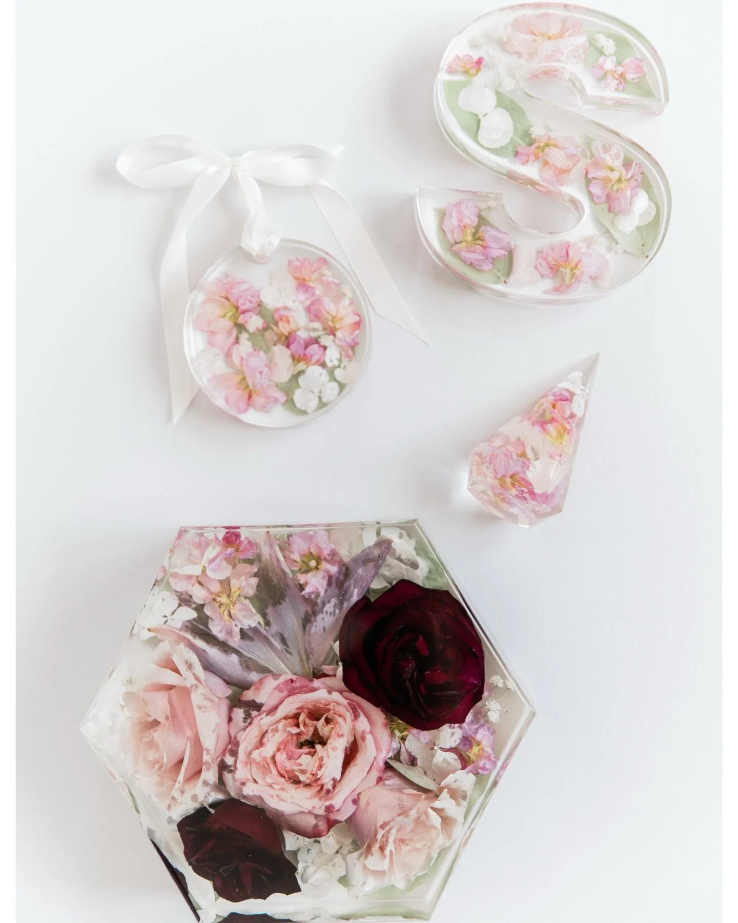 A soft, whimsical collection consisting of a resin letter, medium ring holder, 8&rdquo; hexagon, and ornament 💕