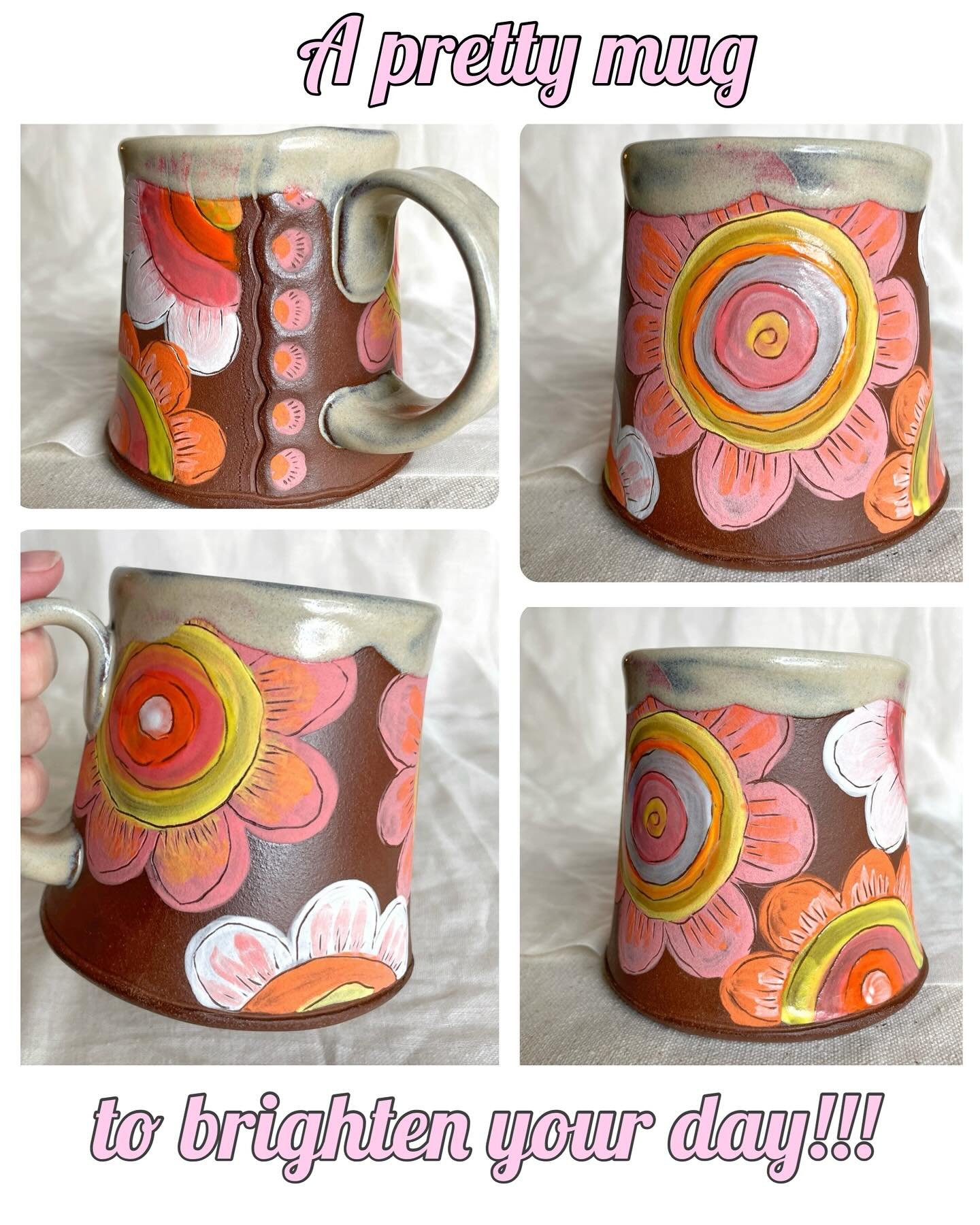 This mug makes me so happy!!!! The colors and the vibe!!! I hope it makes you happy too!!! Handbuilt with cinco rojo - a lovely red stoneware clay. Hand painted with some carving too. This mug is a nice big 17 oz and is micro and d/w safe. 

I just o