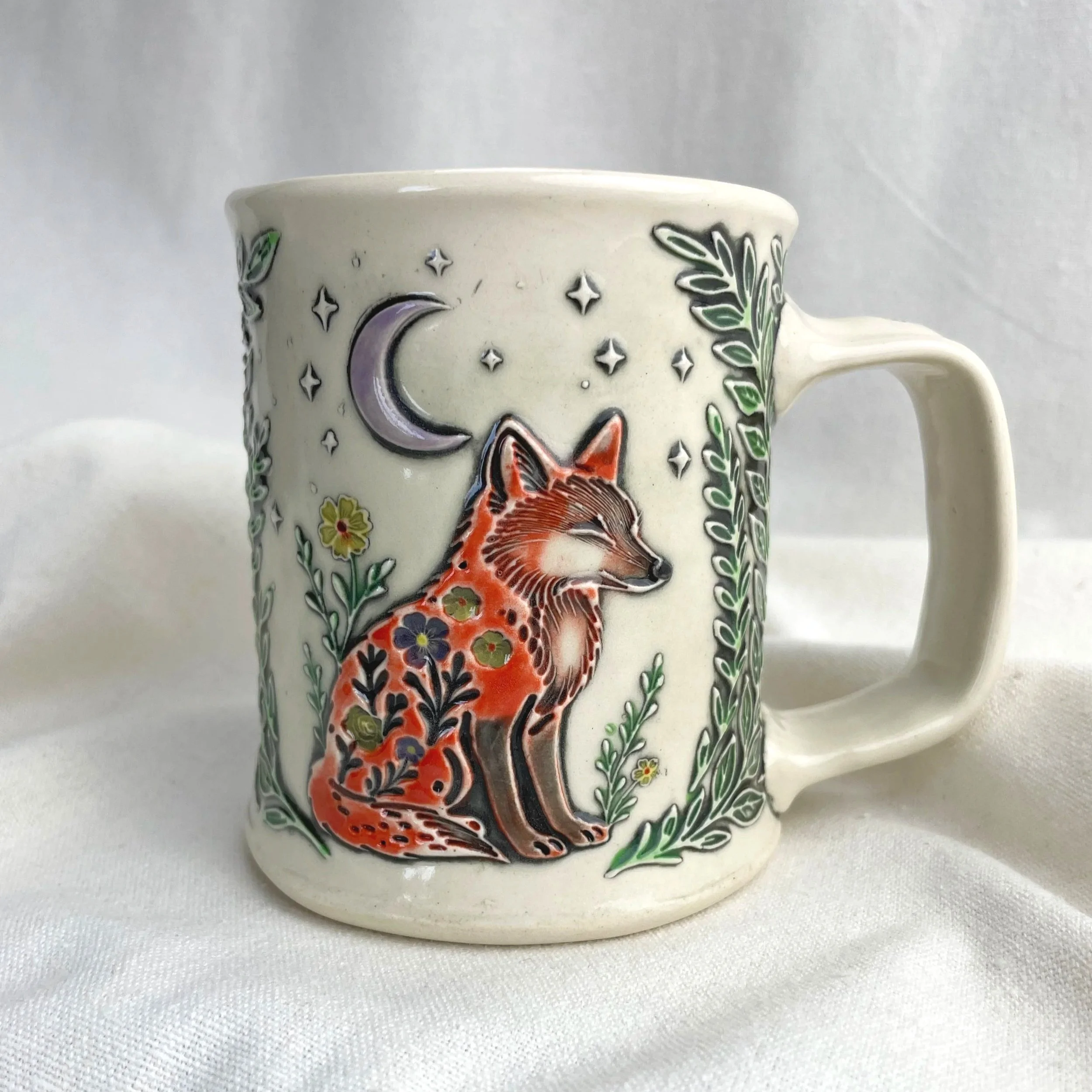 Fox, Moon and Meadow Textured, Hand Painted, 13 oz Handmade Pottery Mug