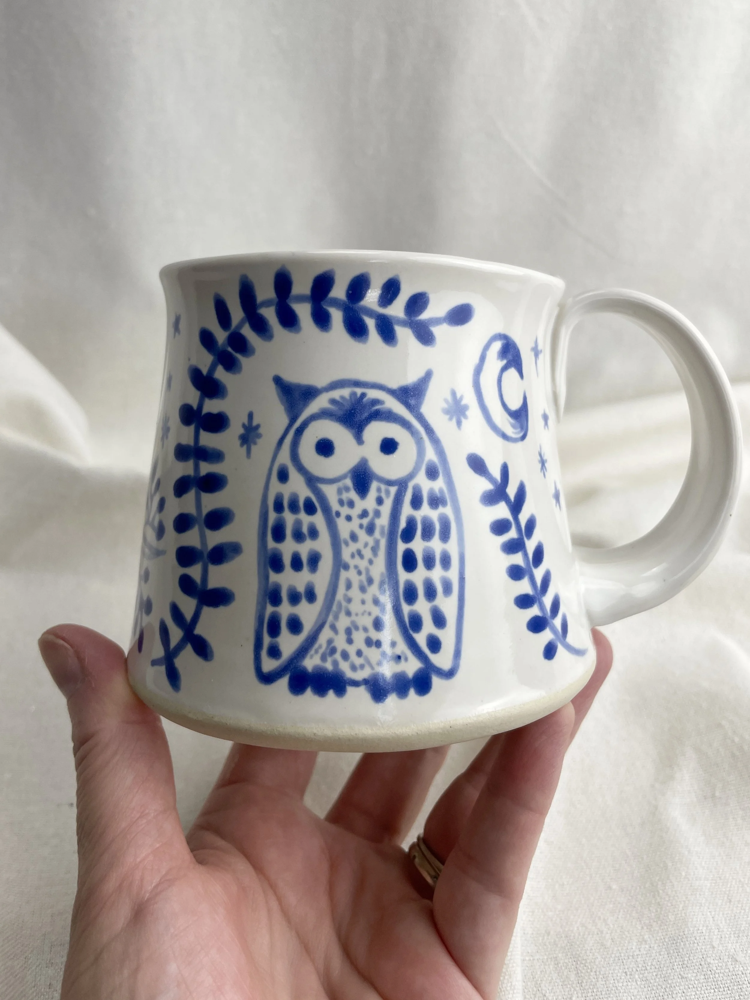 Night Owls 11.5 oz Handmade Pottery Mug - Cobalt & White