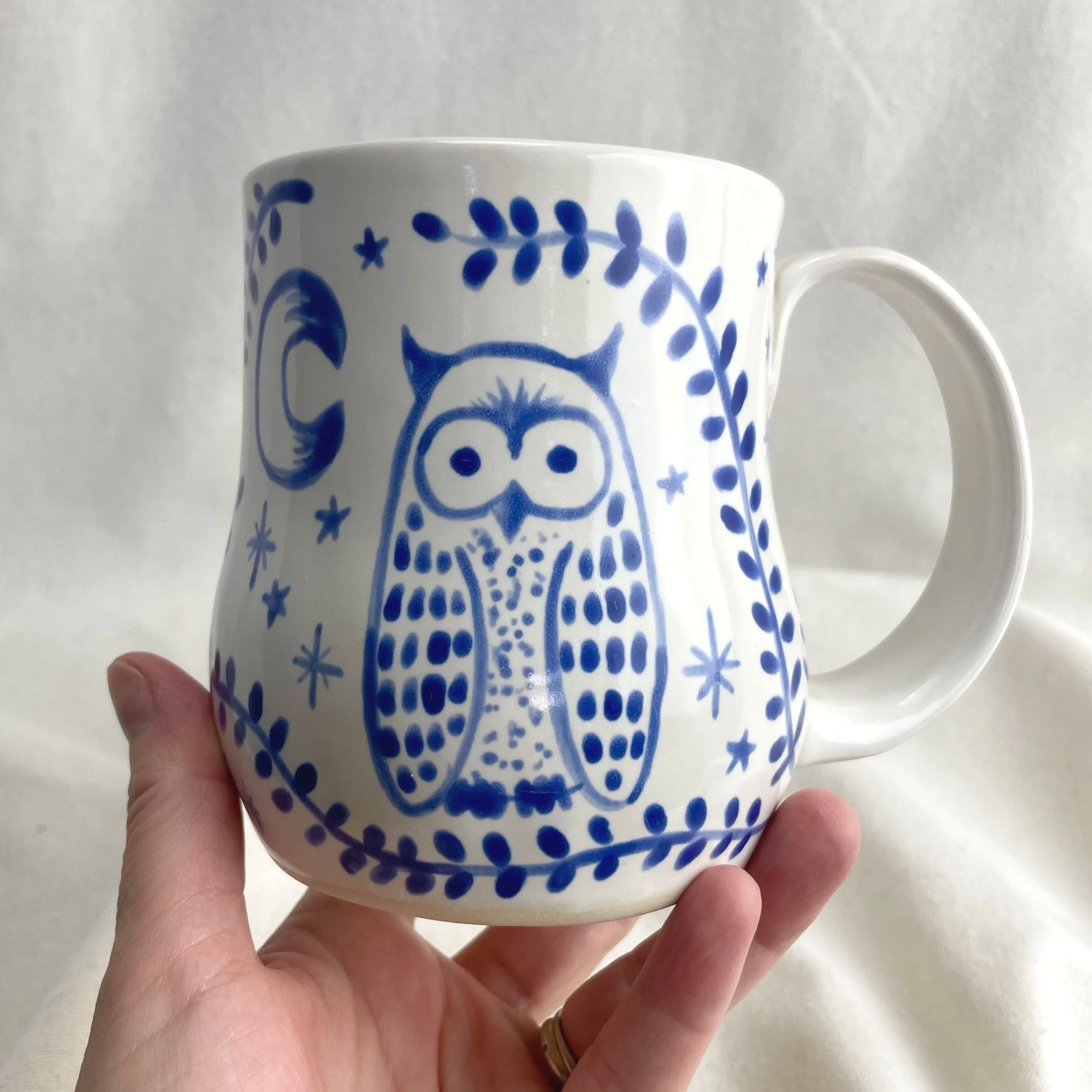Night Owls 19.2 oz Handmade Pottery Mug - Cobalt & White