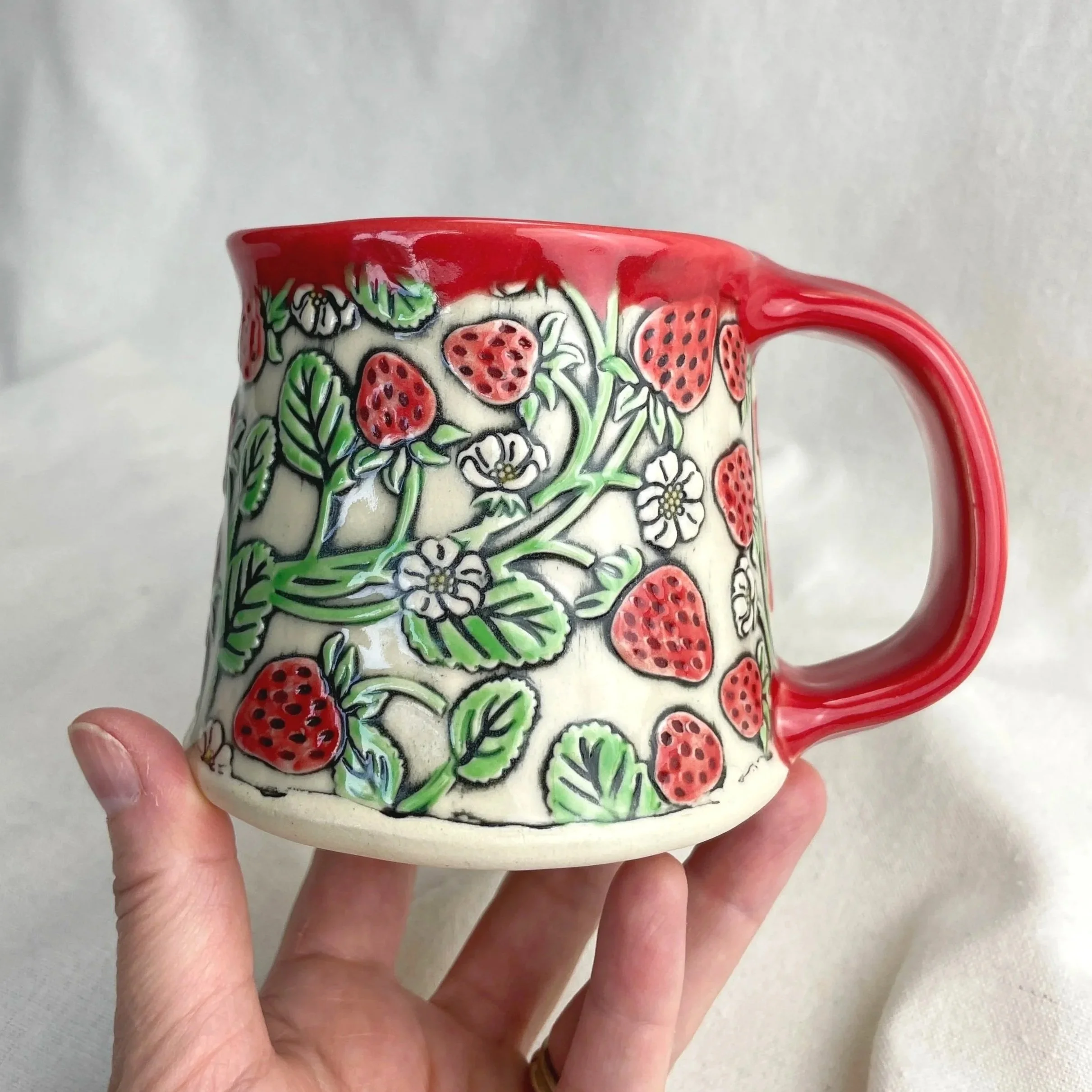 Strawberries Textured, Hand Painted, 12 oz Handmade Pottery Mug