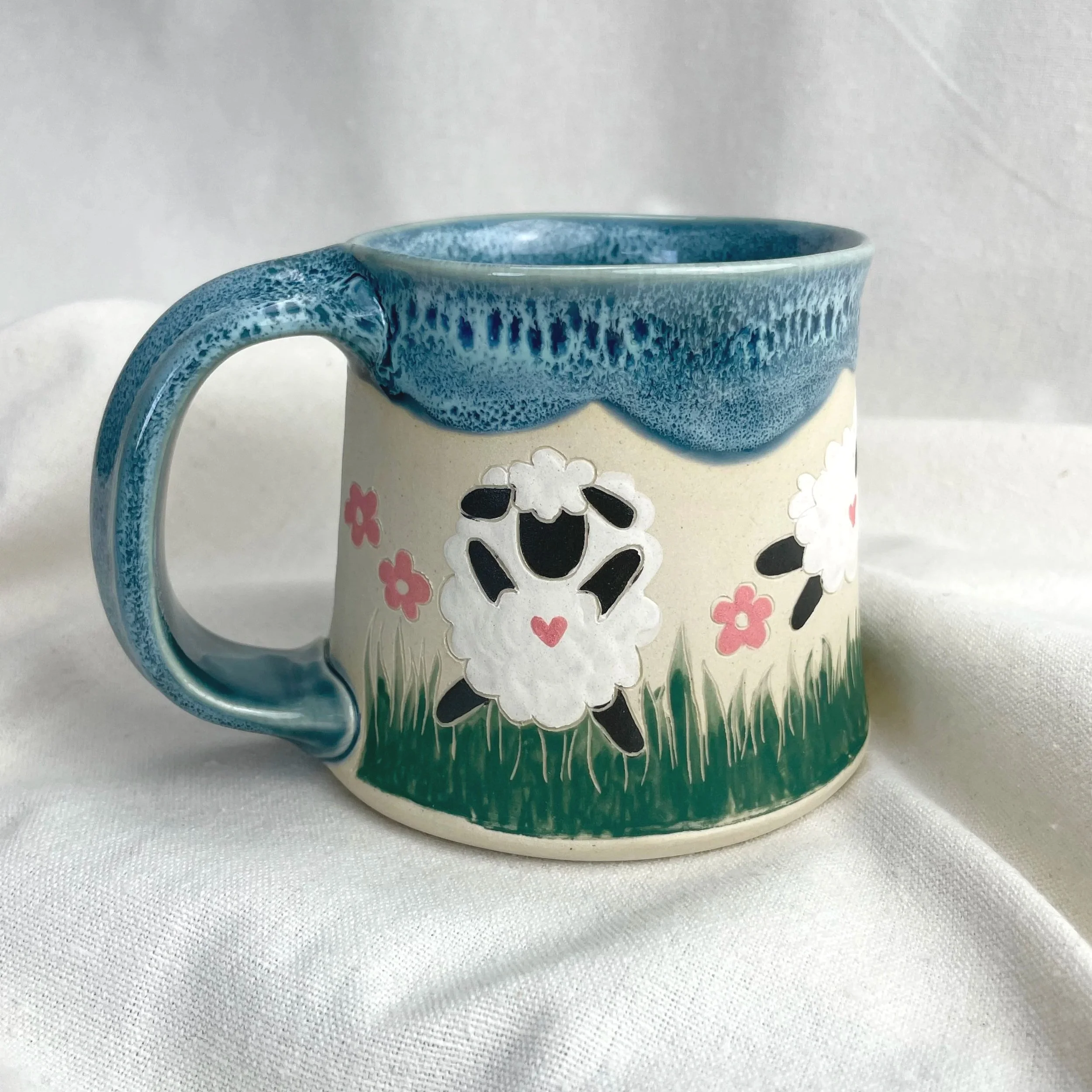 Happy Sheep Pasture  12 oz Handmade Pottery Mug - Hand Painted Hand Carved