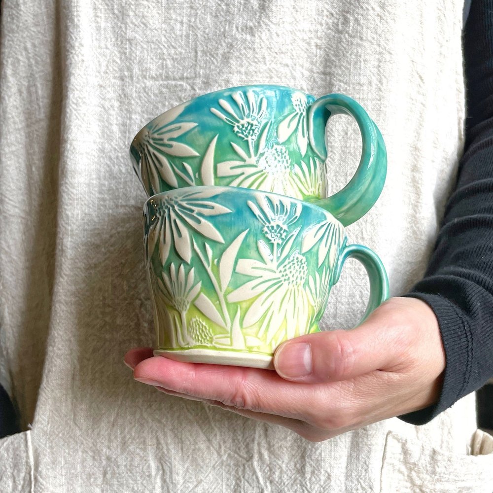 Set of Daisy Embossed 7 oz Handmade Pottery Mugs, Pair of Cappuccino Mugs   Lisa Alden Art