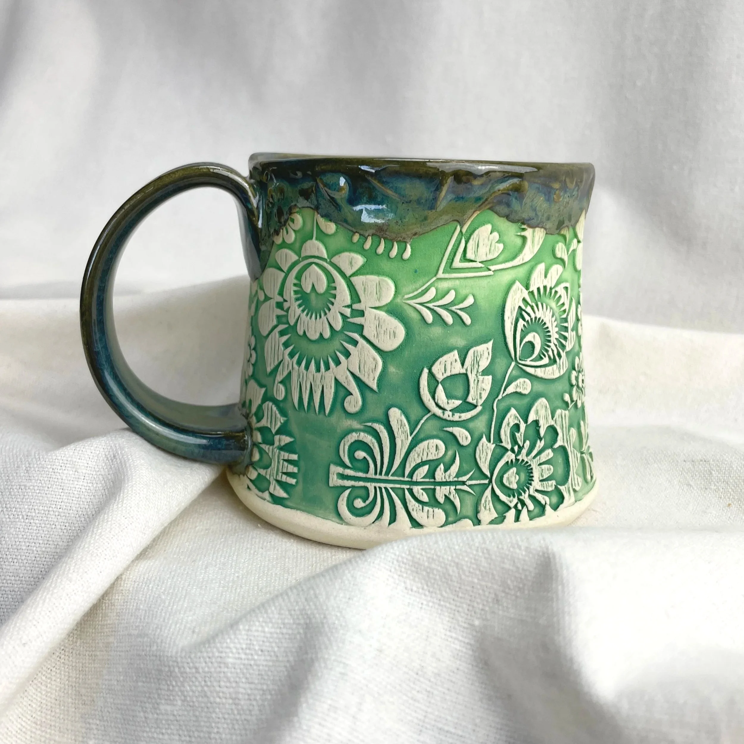All the Greens Folk Art Textured, Hand Painted, 12 oz Handmade Pottery Mug