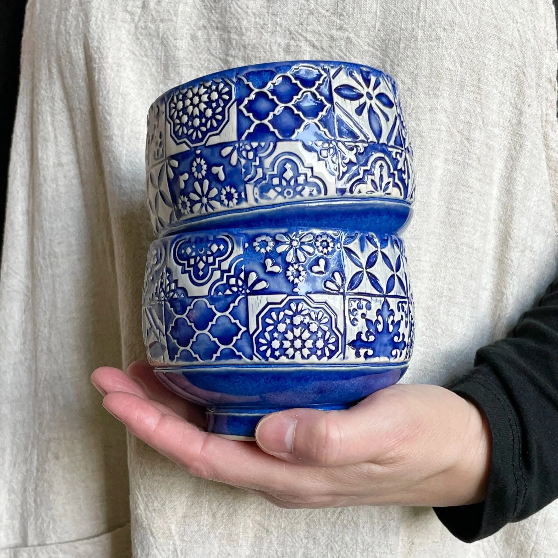 Ice Cream Bowl Set - Spanish Tiles in Cobalt Blue Handmade Pottery, 2 bowls