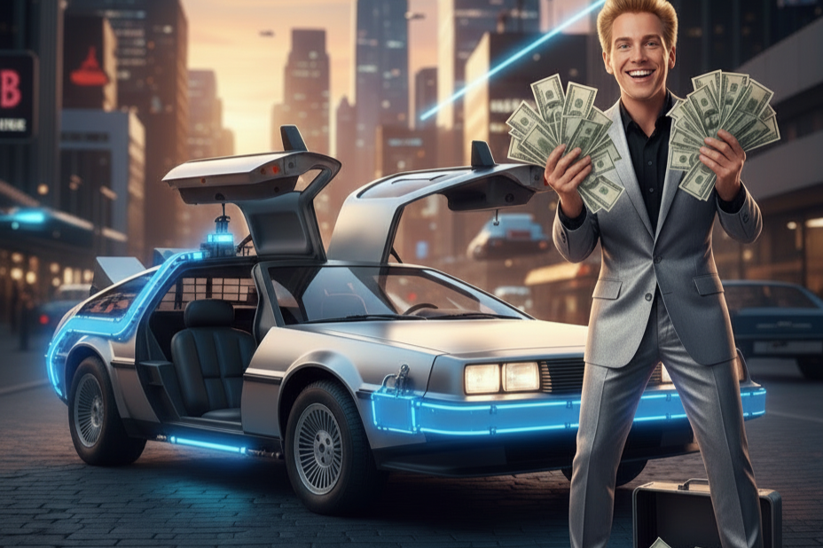 A smiling Young Biff in the future in front of the Delorean time machine with handfulls of cash